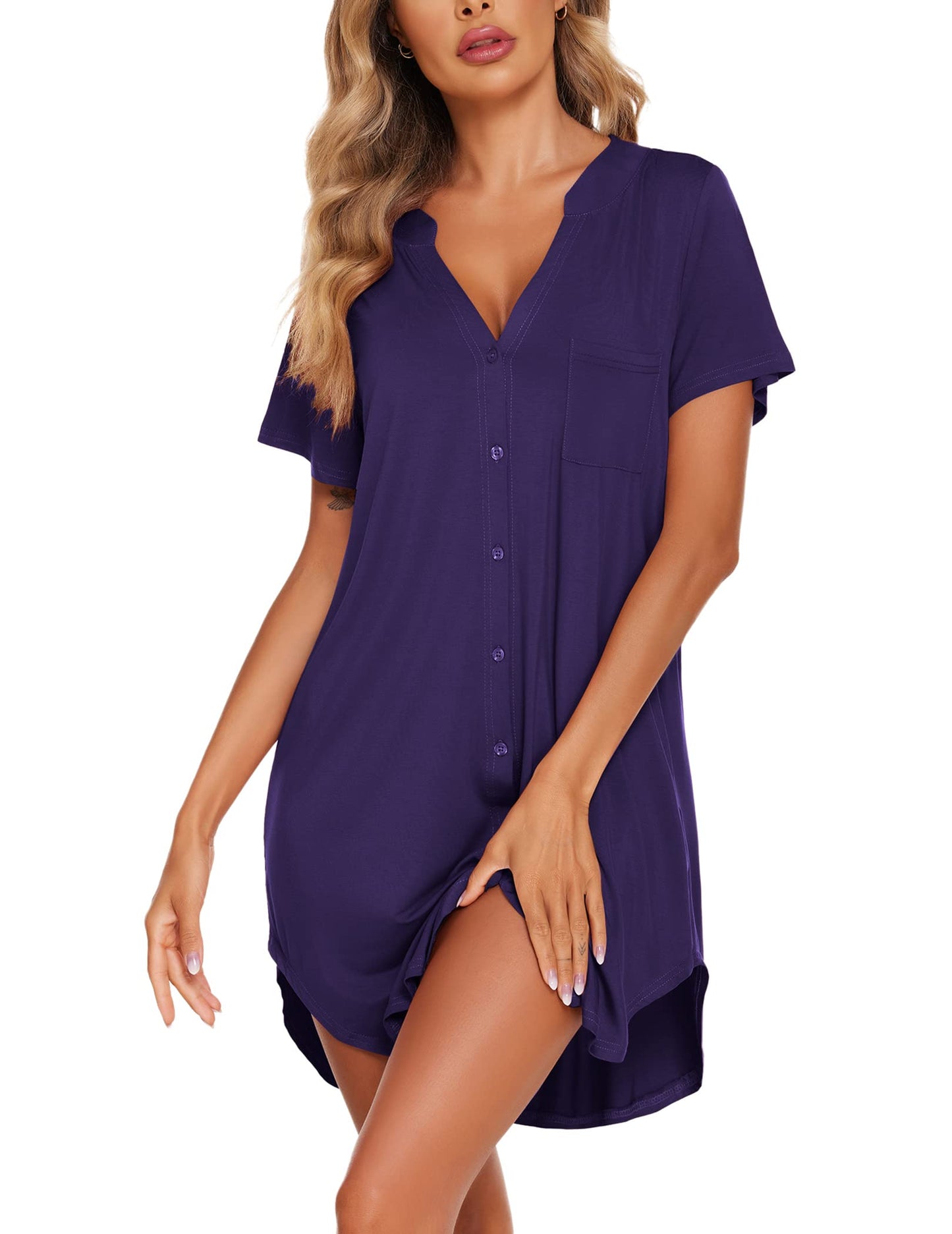 Ekouaer V Neck Button Down Nightgown