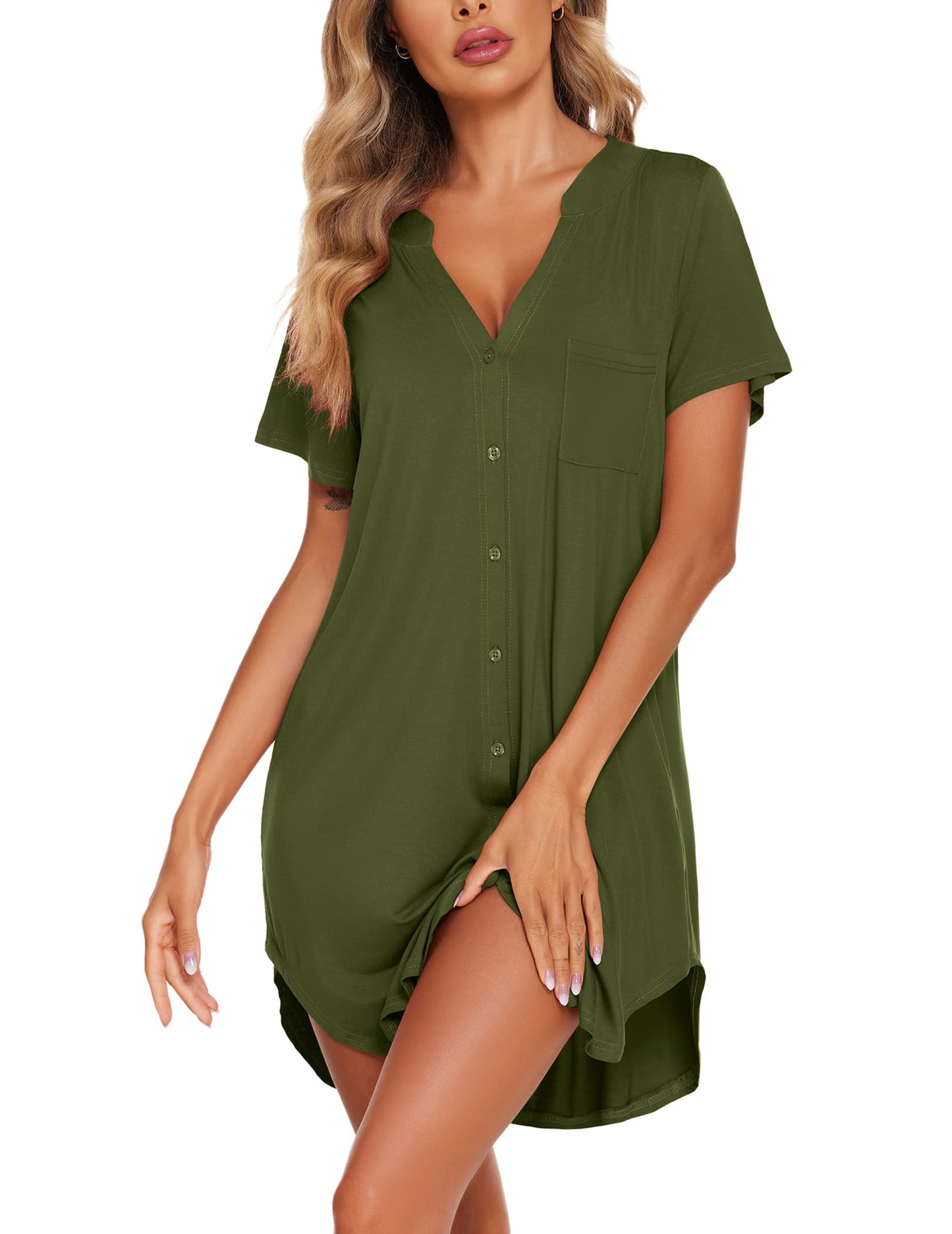 Ekouaer V Neck Button Down Nightgown