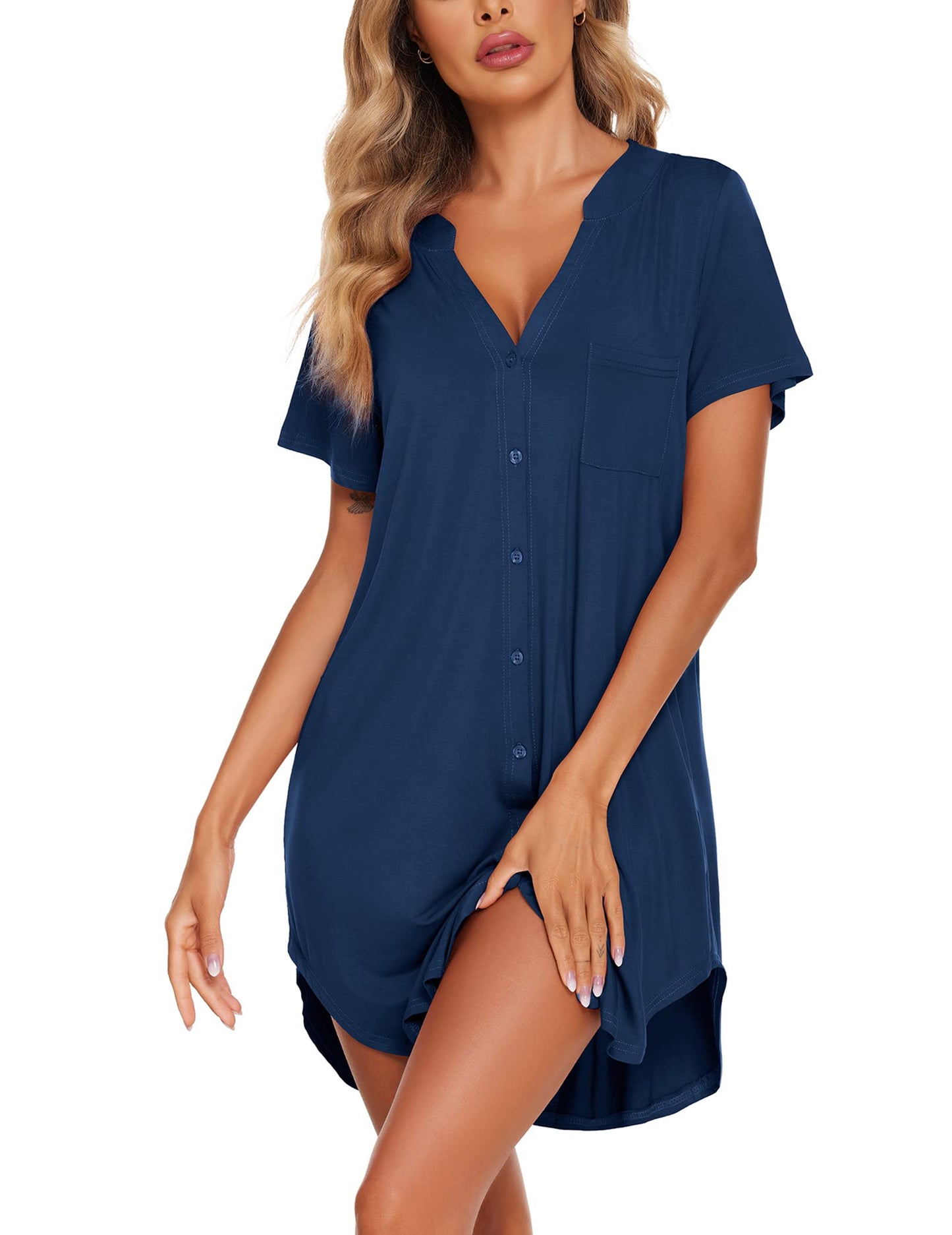 Ekouaer V Neck Button Down Nightgown