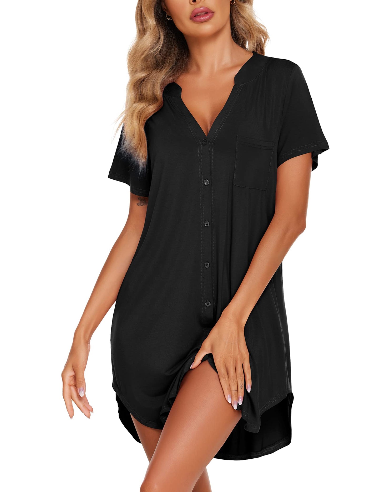 Ekouaer V Neck Button Down Nightgown