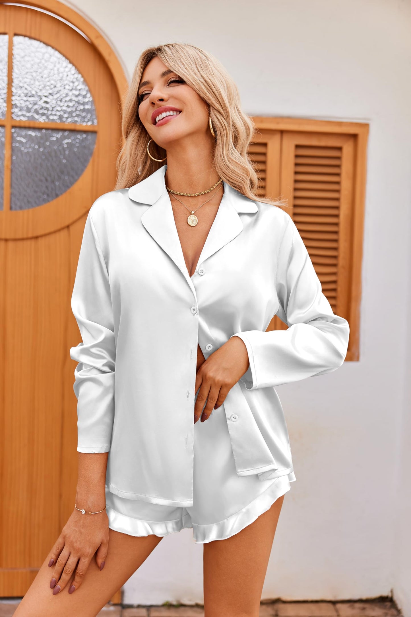 Ekouaer Satin Button Down Pajama Set