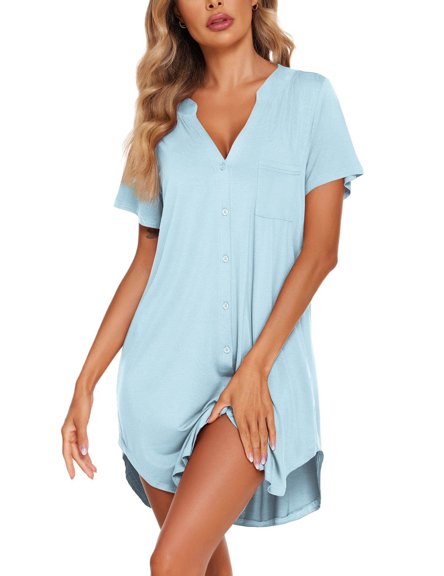 Ekouaer V Neck Button Down Nightgown