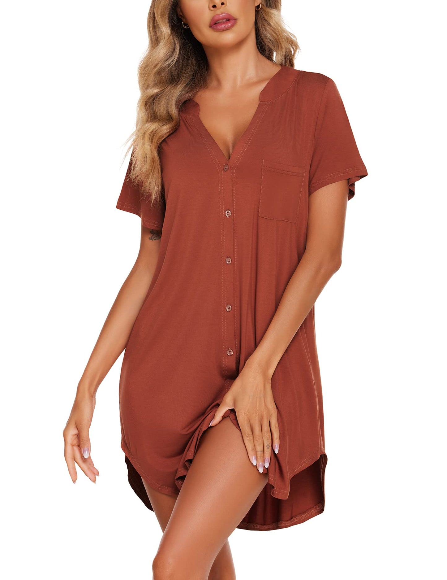 Ekouaer V Neck Button Down Nightgown