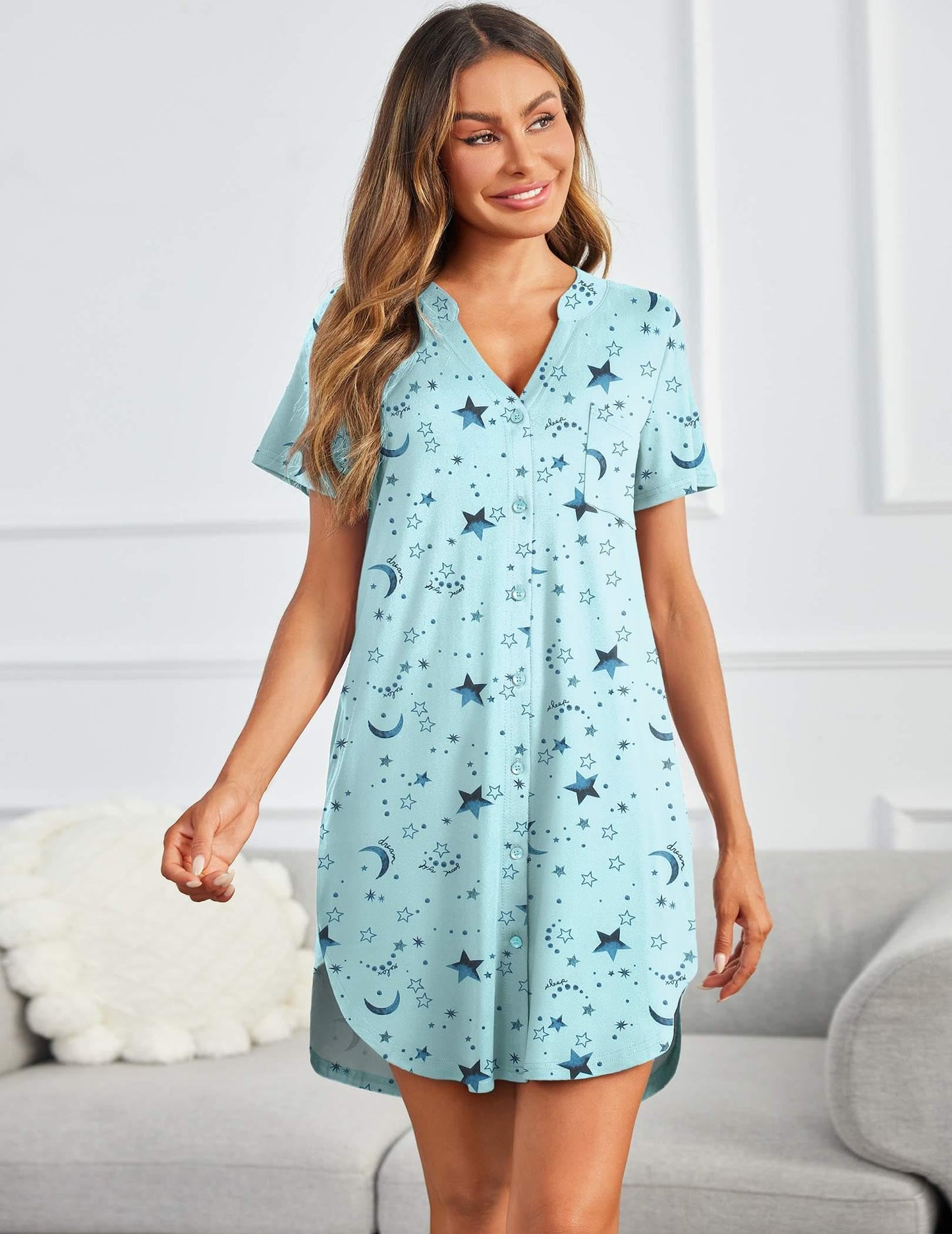 Ekouaer V Neck Button Down Nightgown