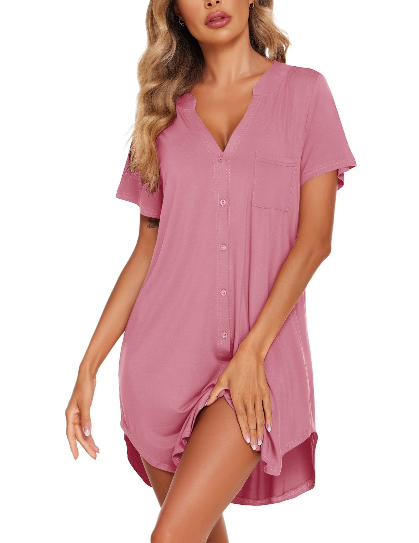 Ekouaer V Neck Button Down Nightgown