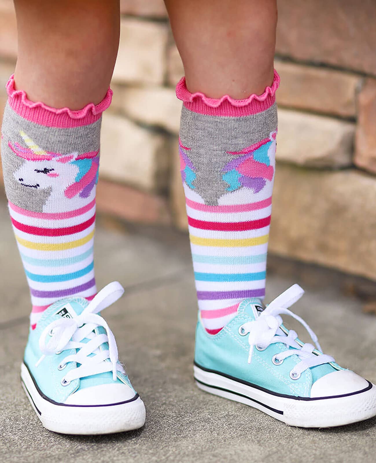 Jefferies Socks Girls' Unicorn Rainbow Stripe Ruffle Knee High Socks 2 Pack