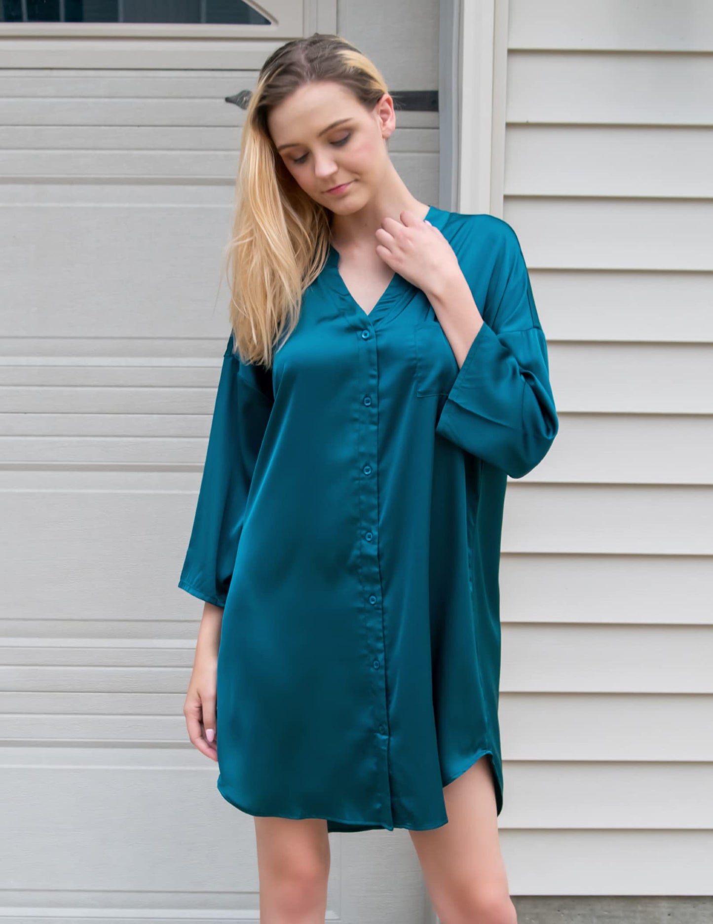 Ekouaer Satin 3/4 Sleeve Button Down Sleepshirt