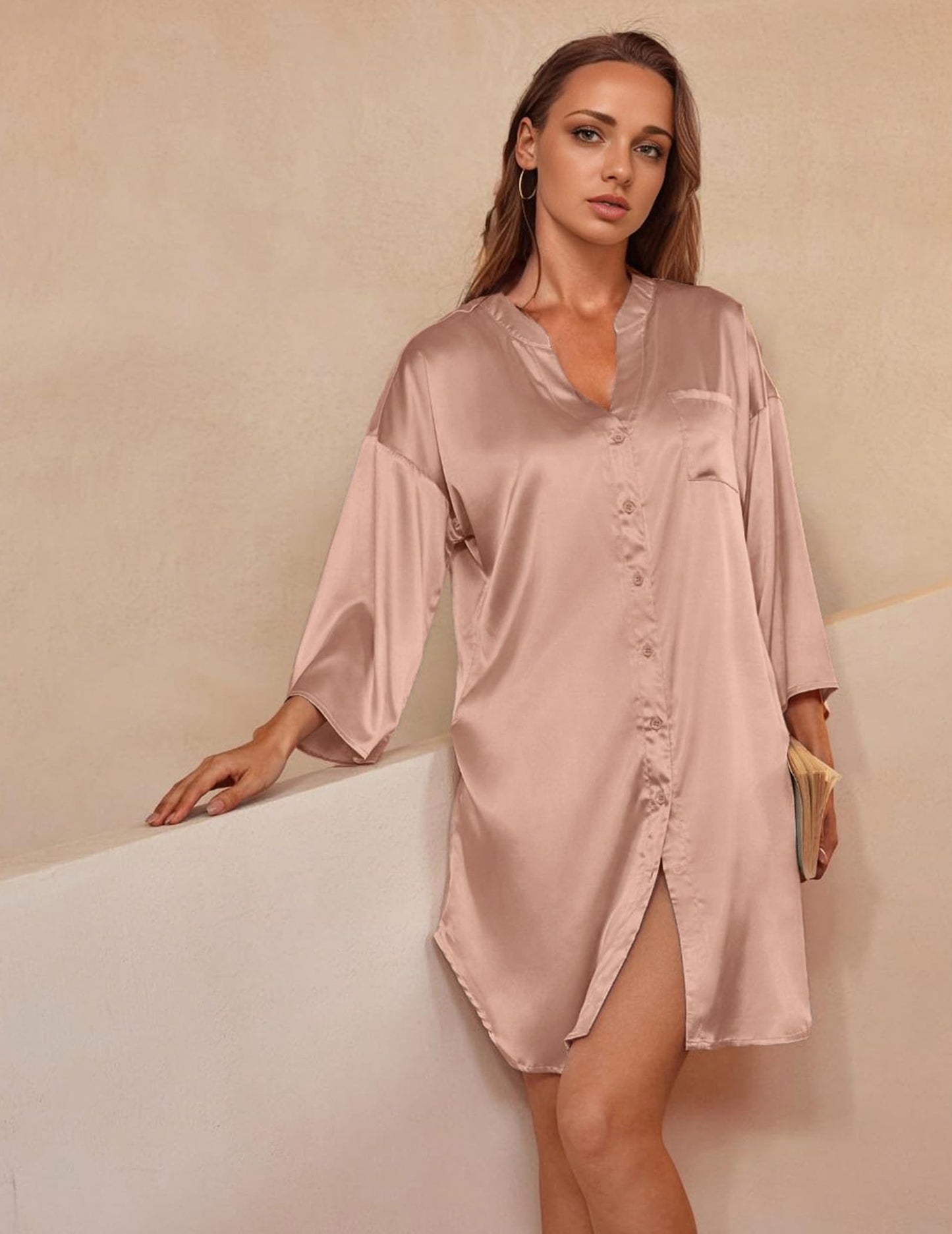 Ekouaer Satin 3/4 Sleeve Button Down Sleepshirt