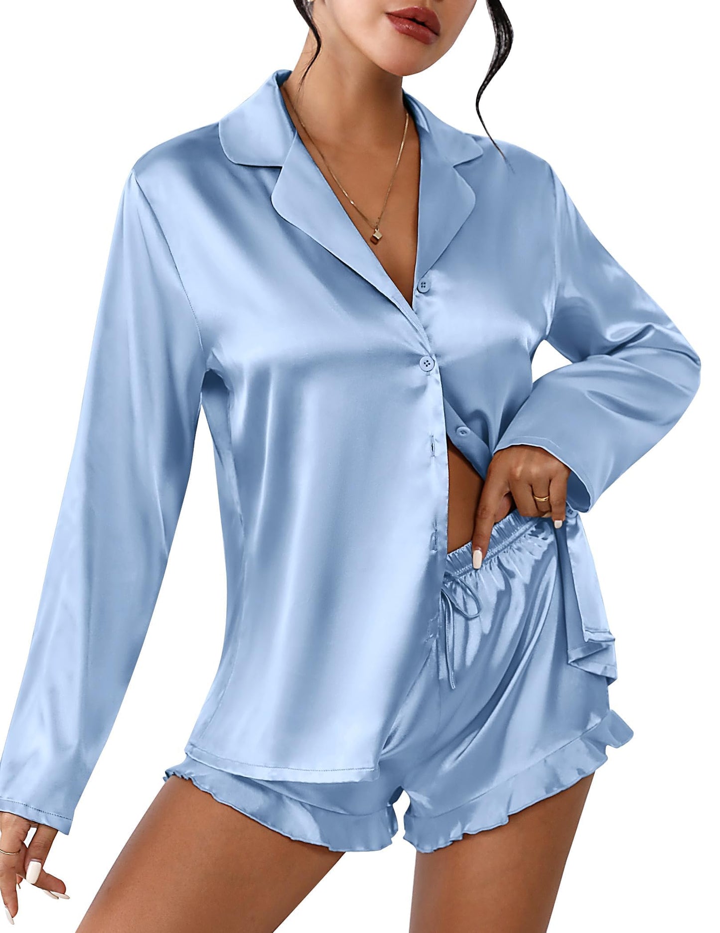 Ekouaer Satin Button Down Pajama Set