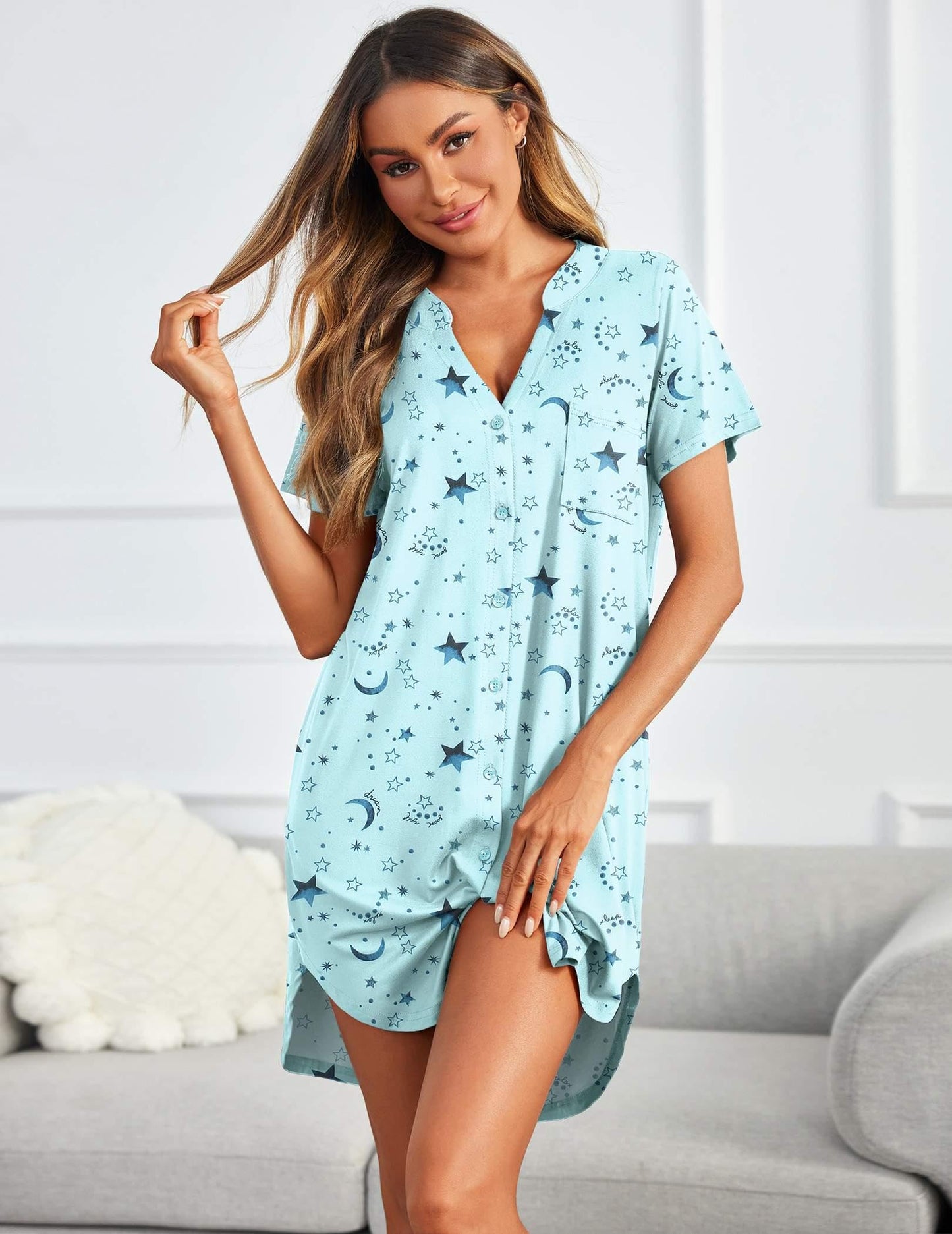 Ekouaer V Neck Button Down Nightgown