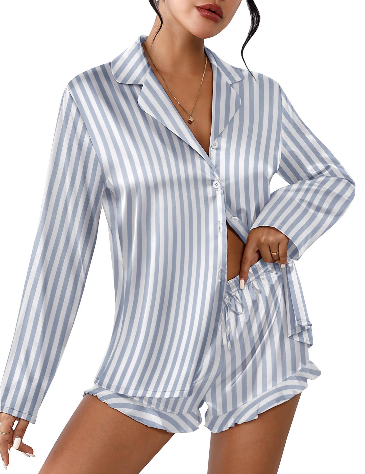 Ekouaer Satin Button Down Pajama Set