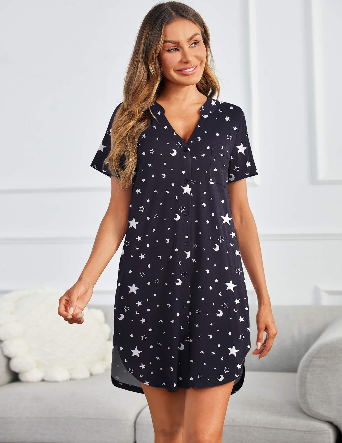 Ekouaer V Neck Button Down Nightgown