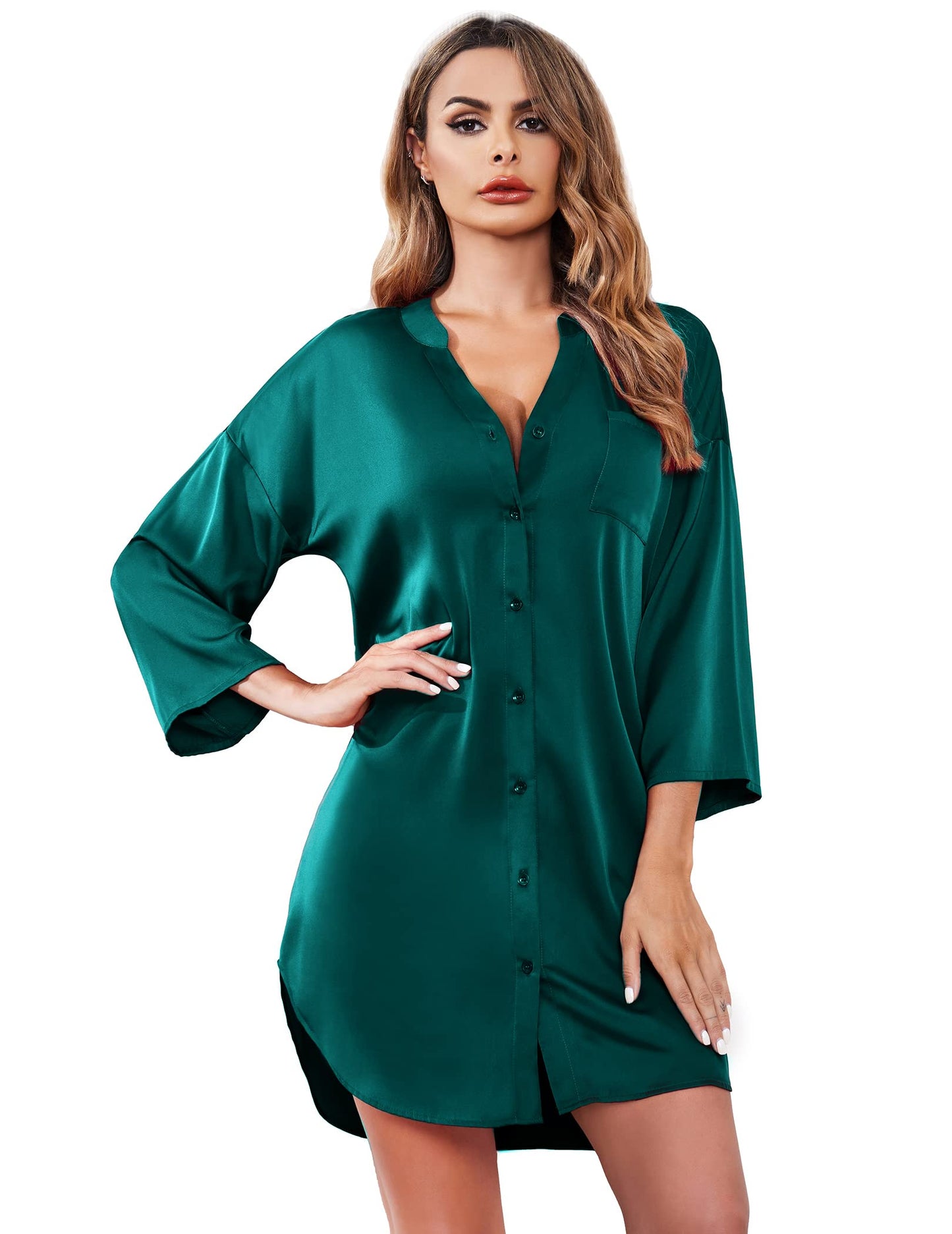 Ekouaer Satin 3/4 Sleeve Button Down Sleepshirt