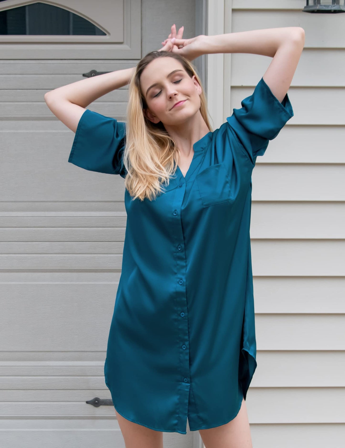 Ekouaer Satin 3/4 Sleeve Button Down Sleepshirt