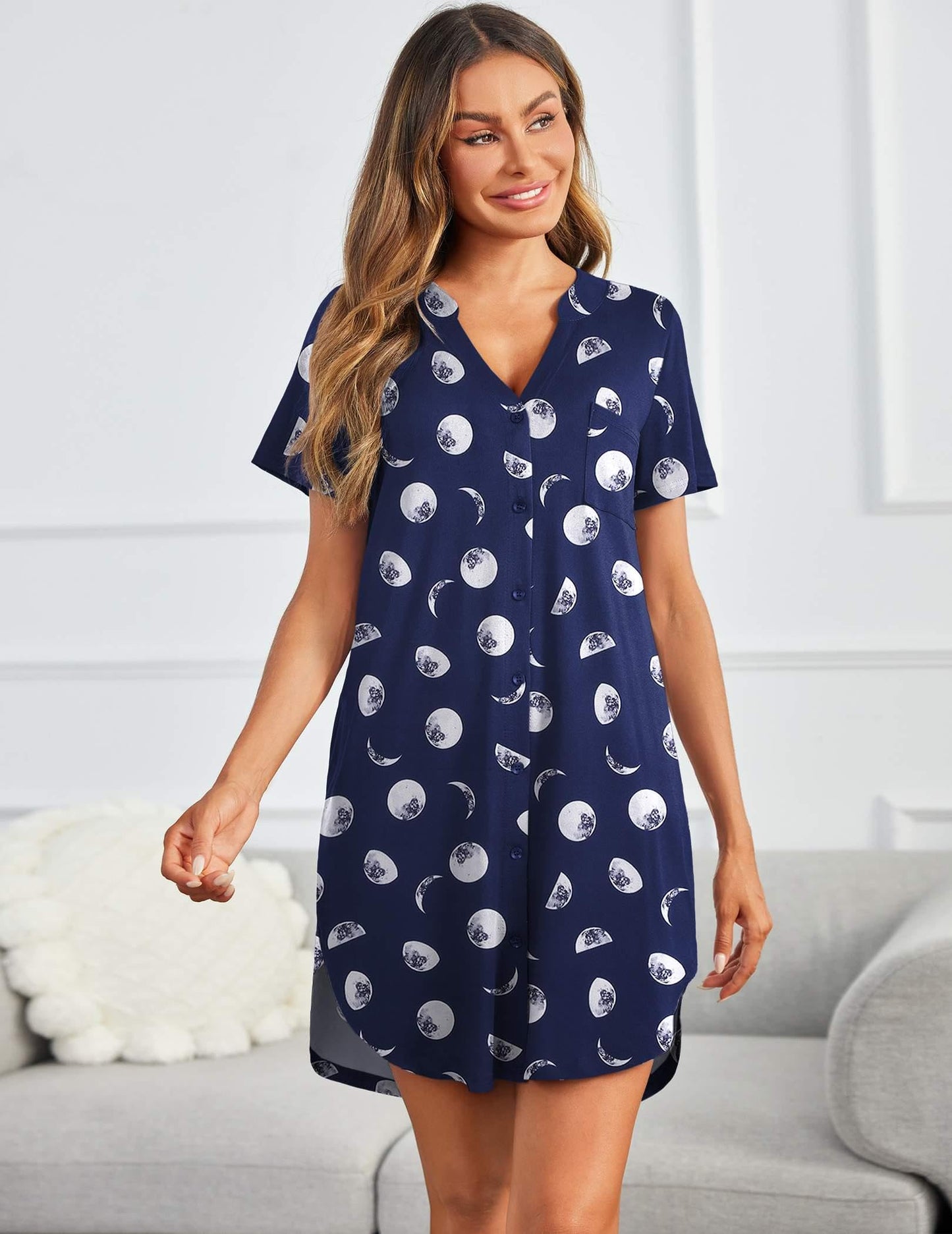 Ekouaer V Neck Button Down Nightgown