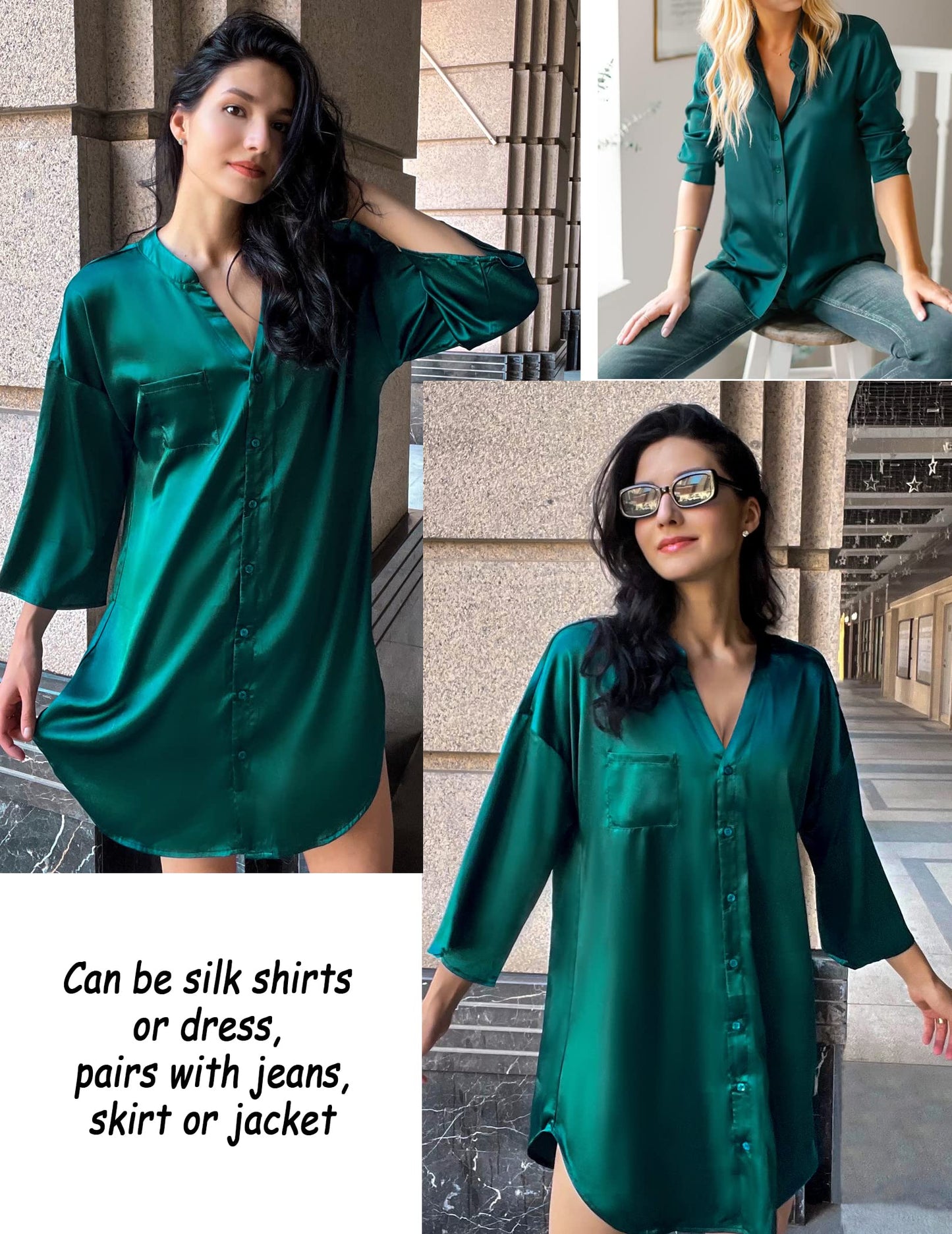 Ekouaer Satin 3/4 Sleeve Button Down Sleepshirt