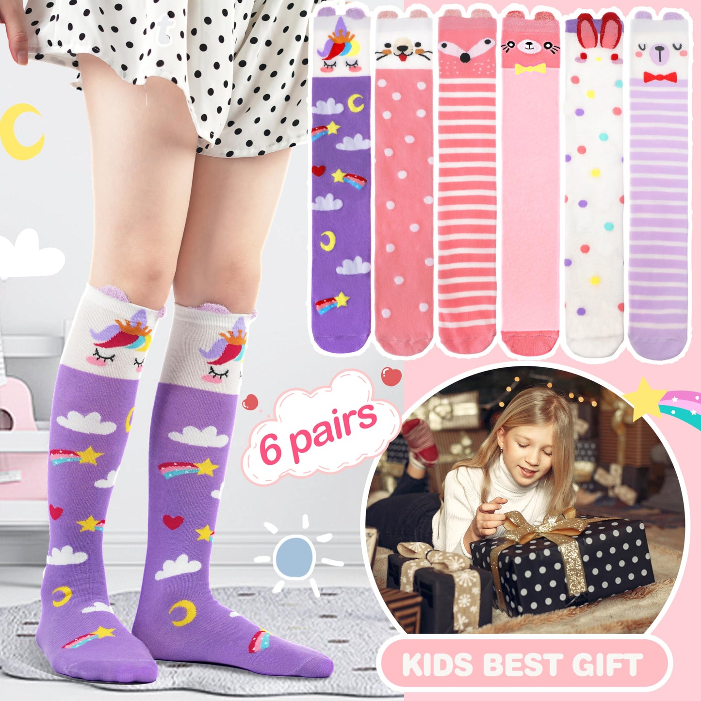 MOGGEI 6 Pairs Kids Girls Knee High Socks