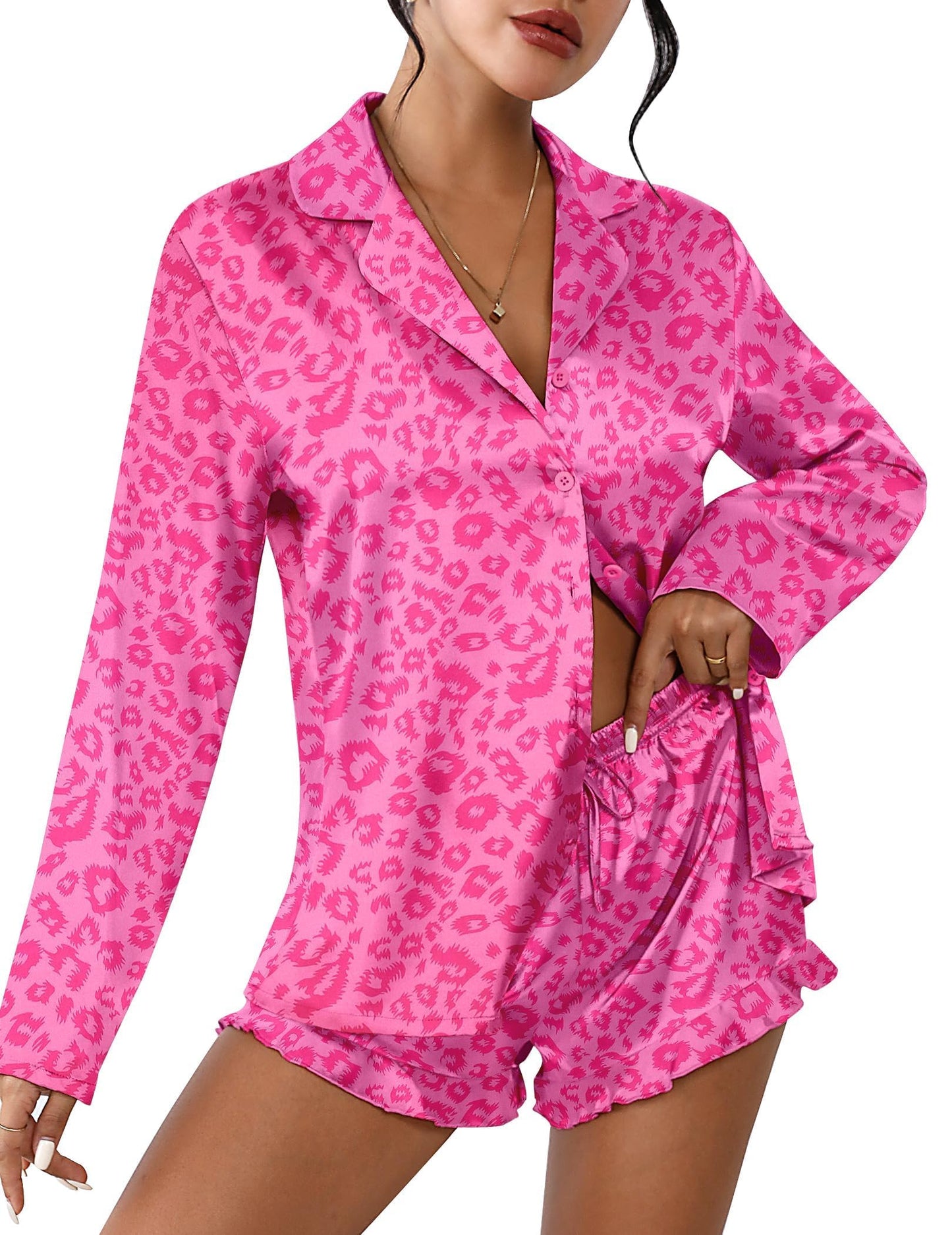 Ekouaer Satin Button Down Pajama Set