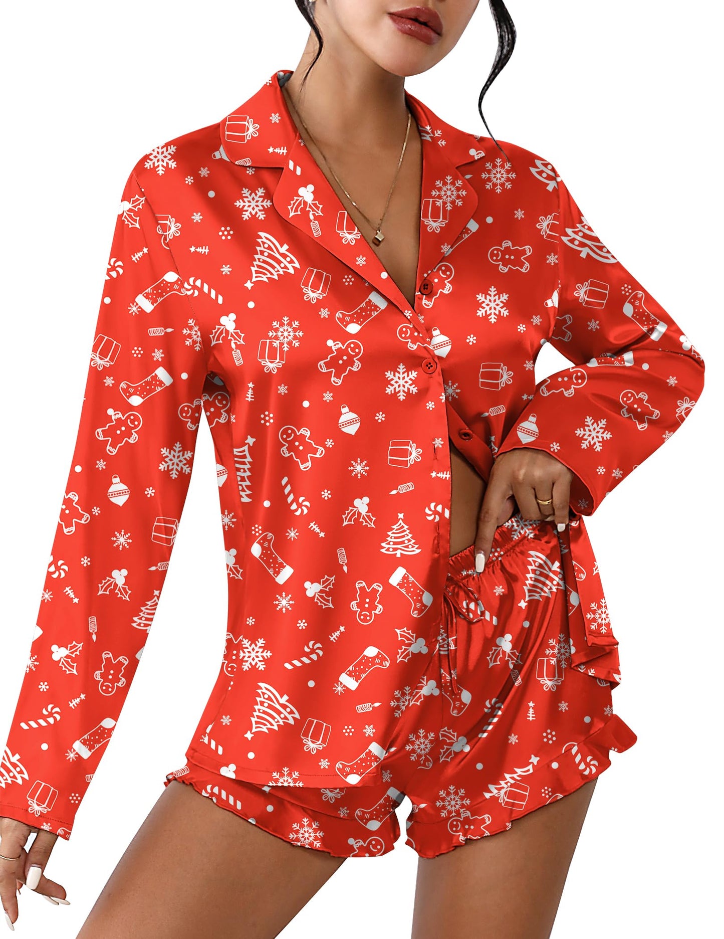 Ekouaer Satin Button Down Pajama Set