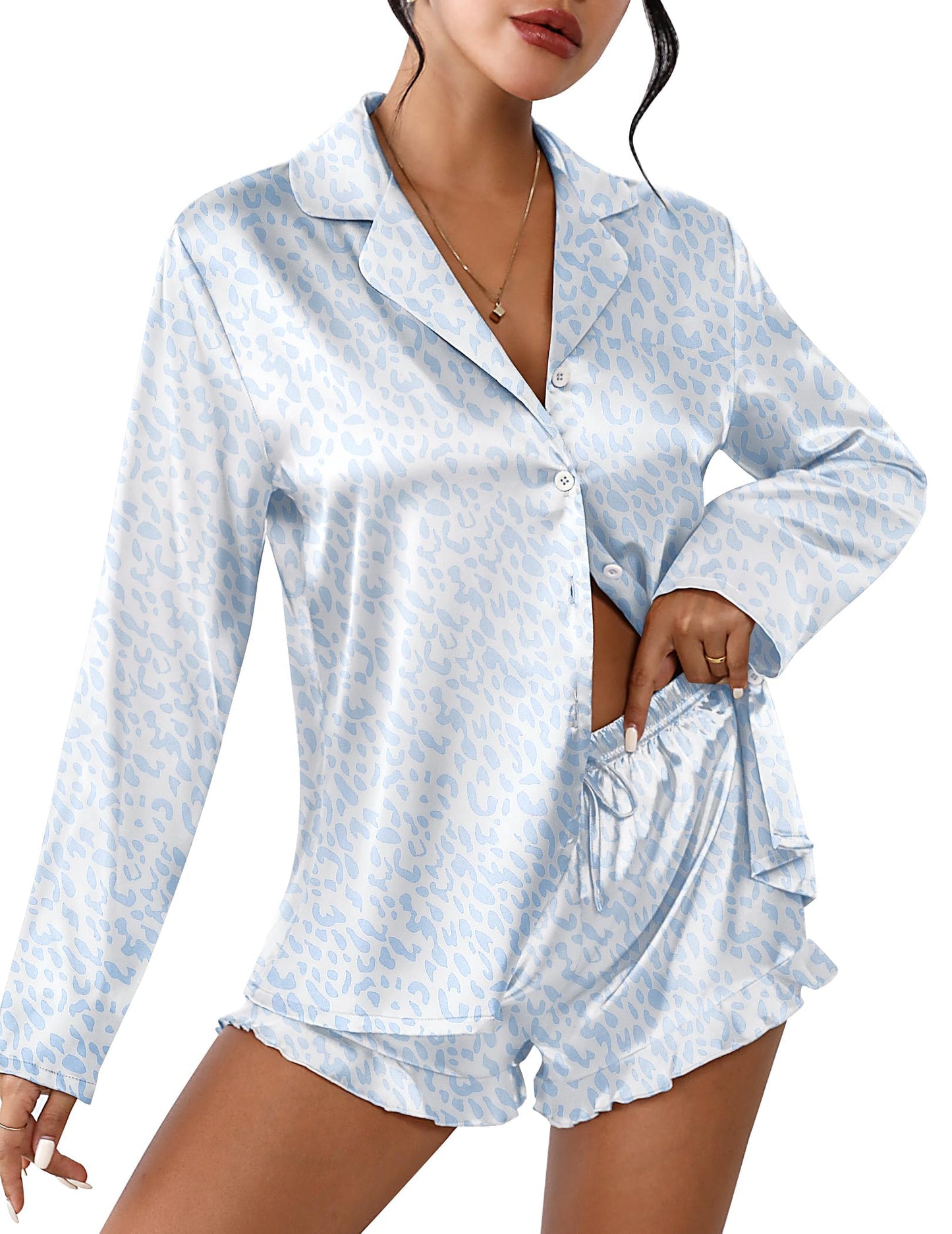 Ekouaer Satin Button Down Pajama Set