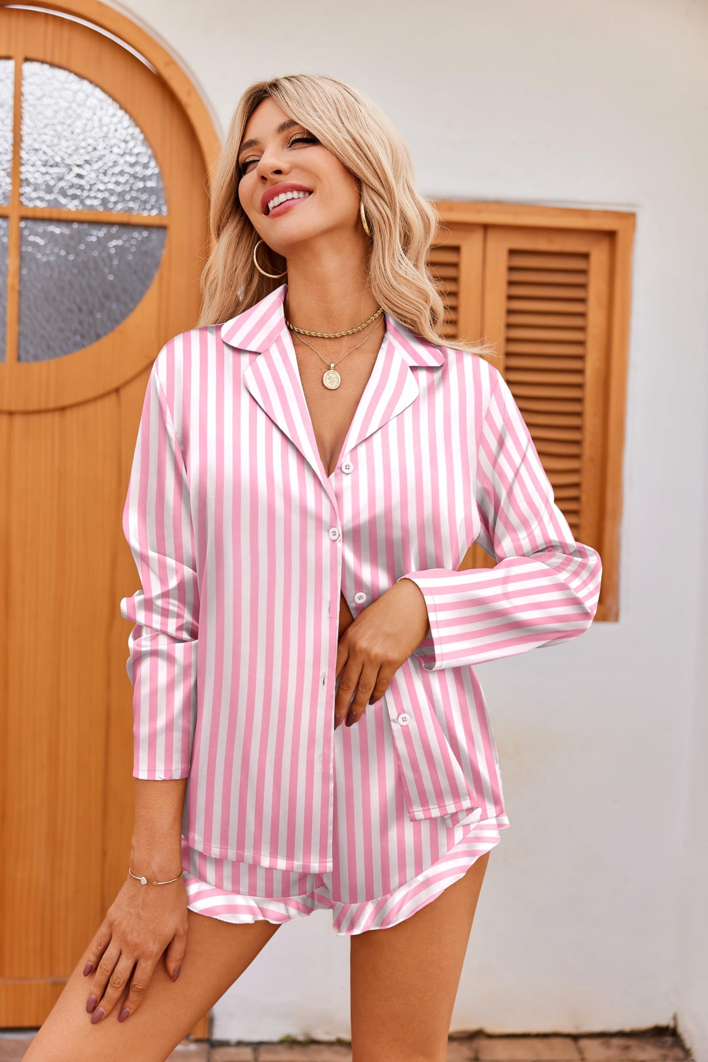 Ekouaer Satin Button Down Pajama Set