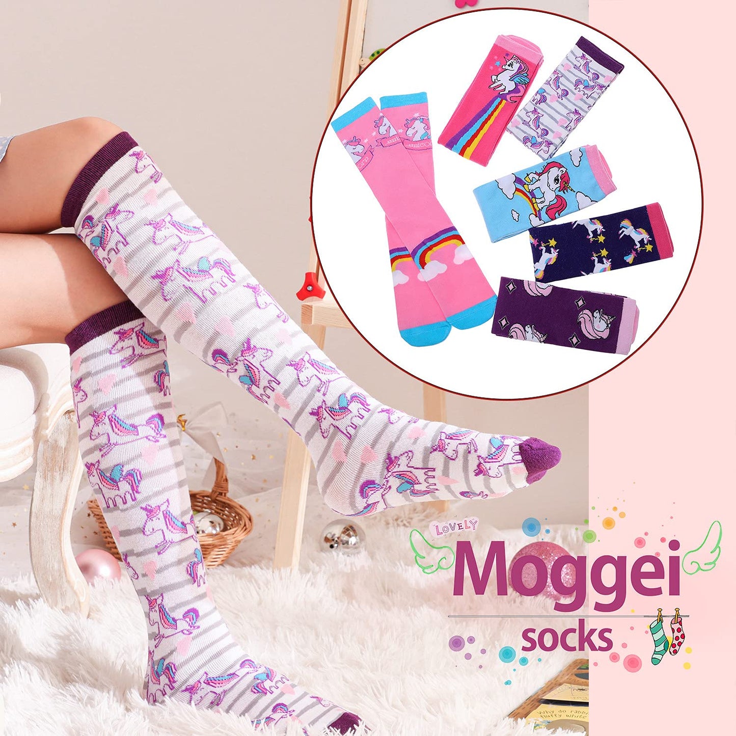 MOGGEI 6 Pairs Kids Girls Knee High Socks