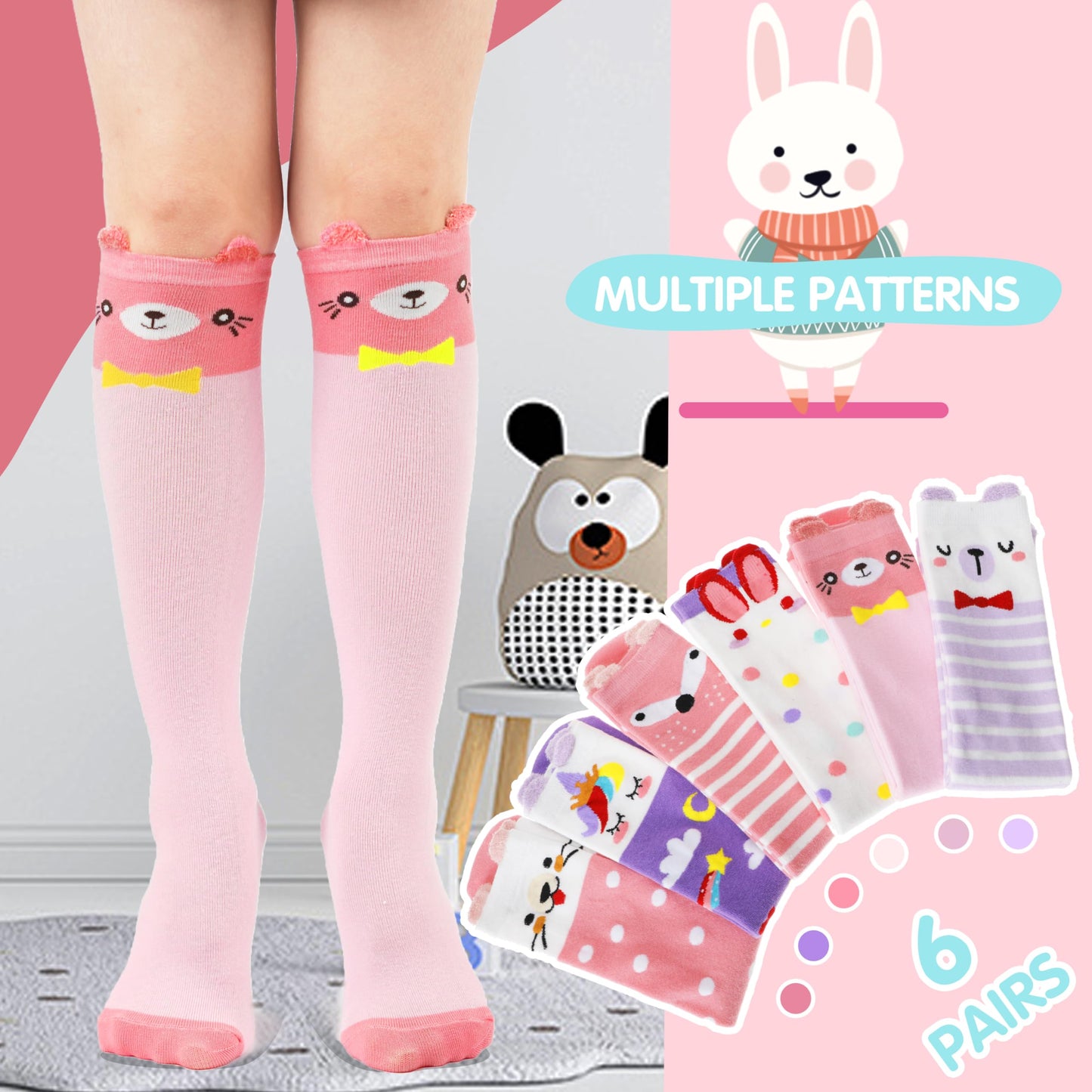 MOGGEI 6 Pairs Kids Girls Knee High Socks