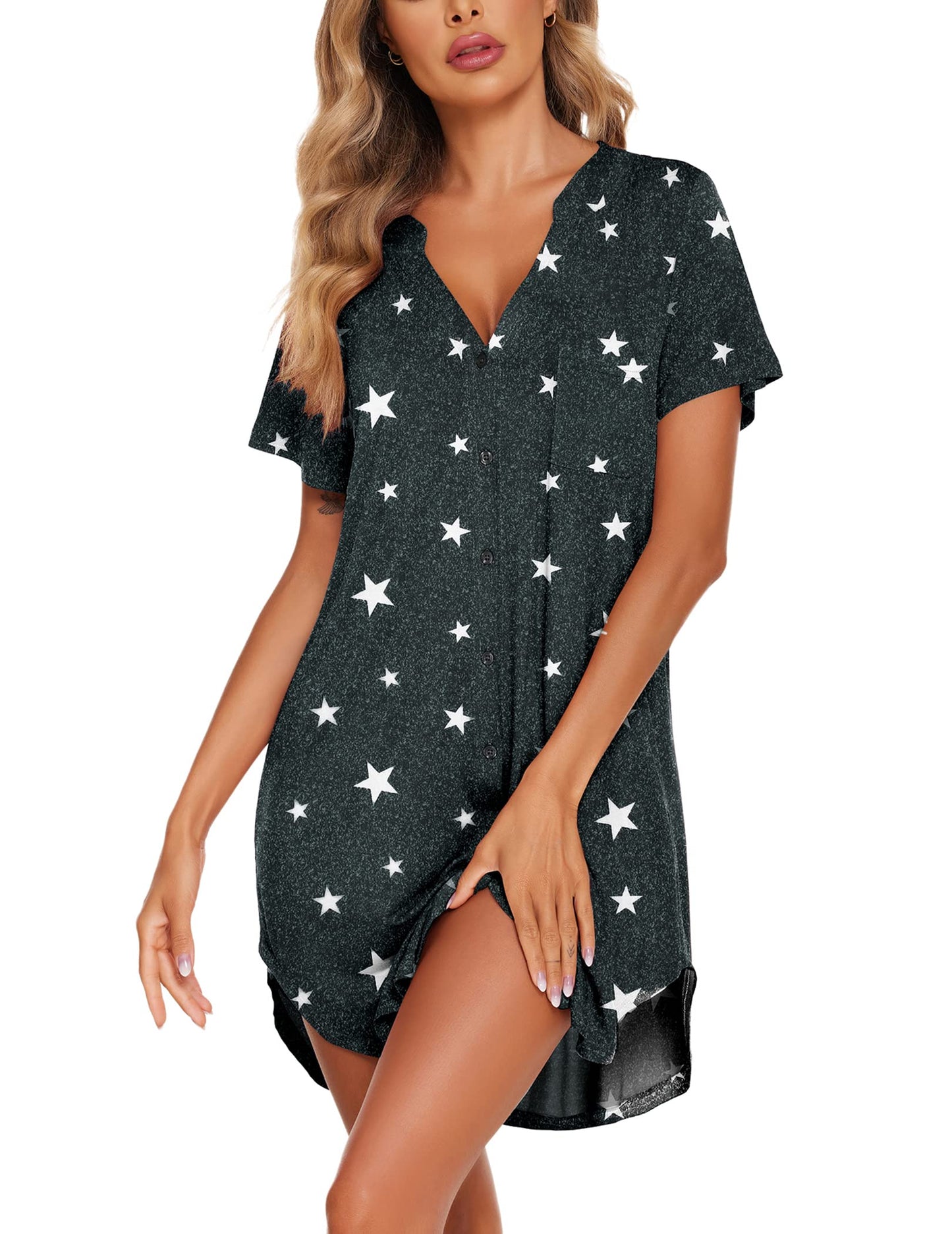 Ekouaer V Neck Button Down Nightgown