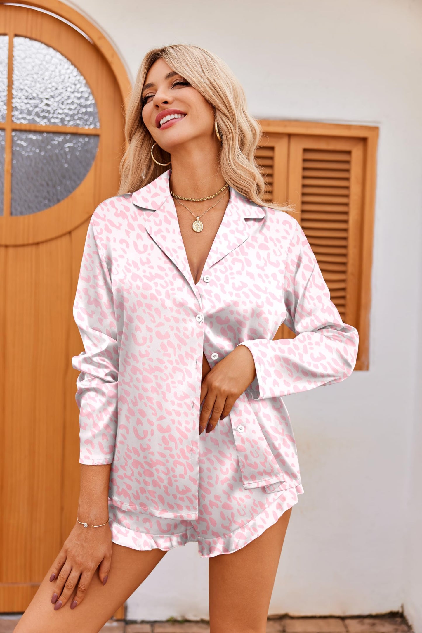 Ekouaer Satin Button Down Pajama Set