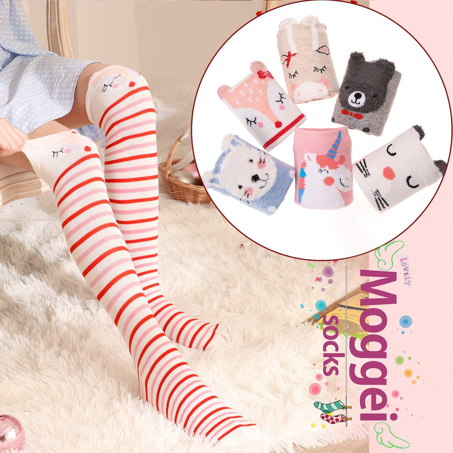 MOGGEI 6 Pairs Kids Girls Knee High Socks