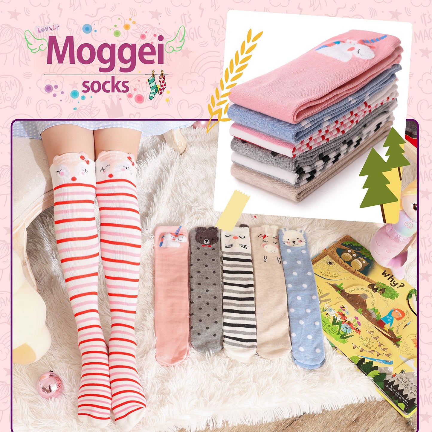 MOGGEI 6 Pairs Kids Girls Knee High Socks