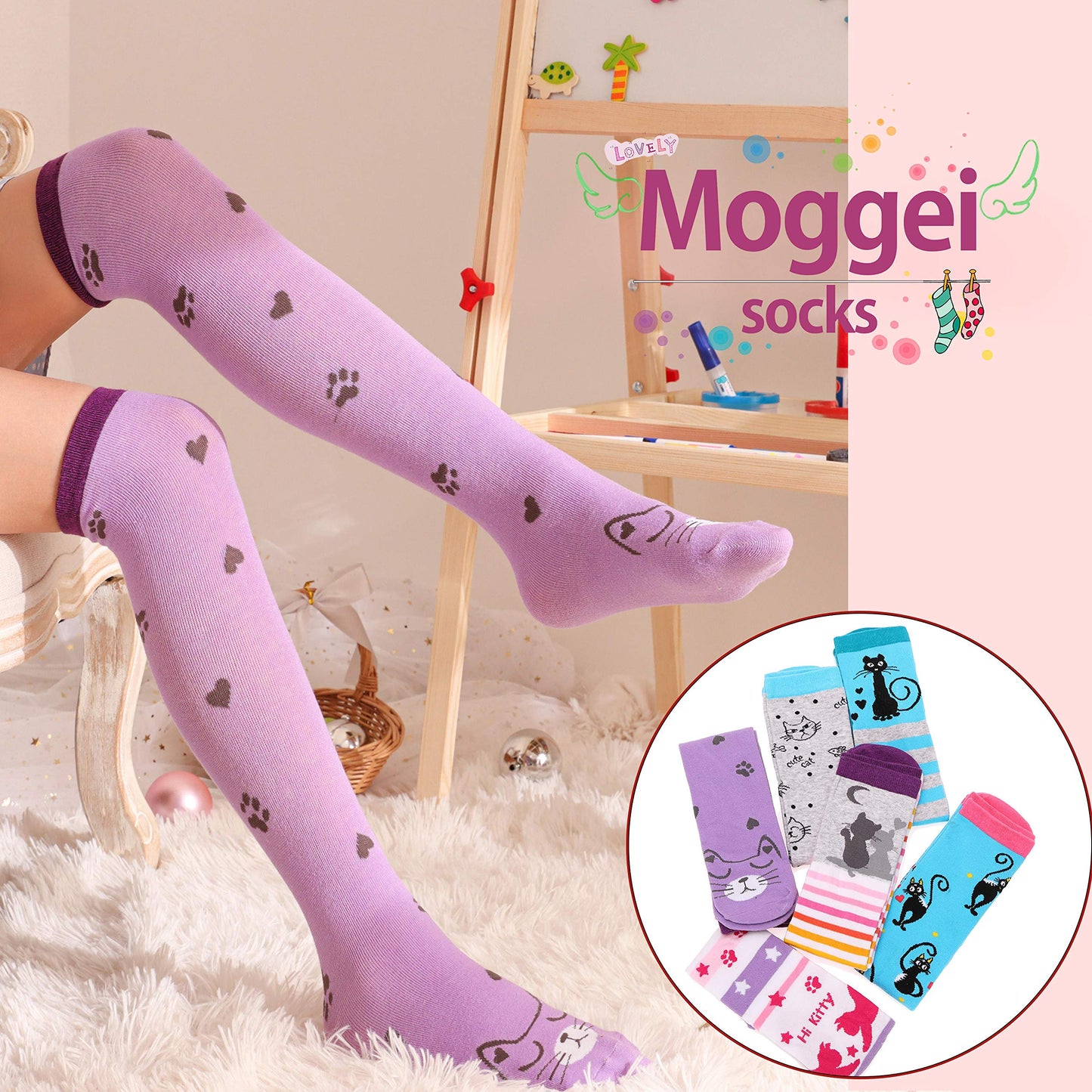 MOGGEI 6 Pairs Kids Girls Knee High Socks