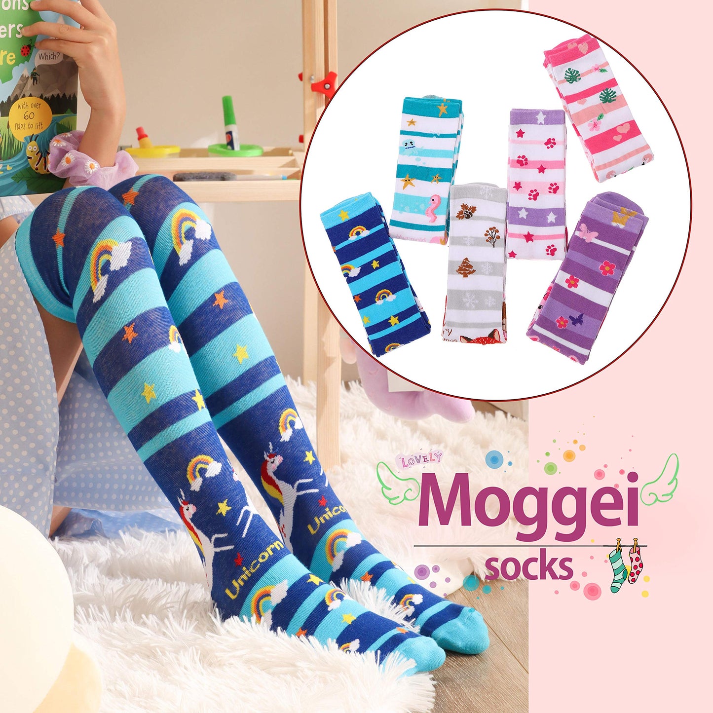 MOGGEI 6 Pairs Kids Girls Knee High Socks