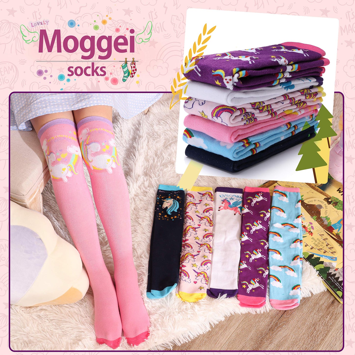 MOGGEI 6 Pairs Kids Girls Knee High Socks