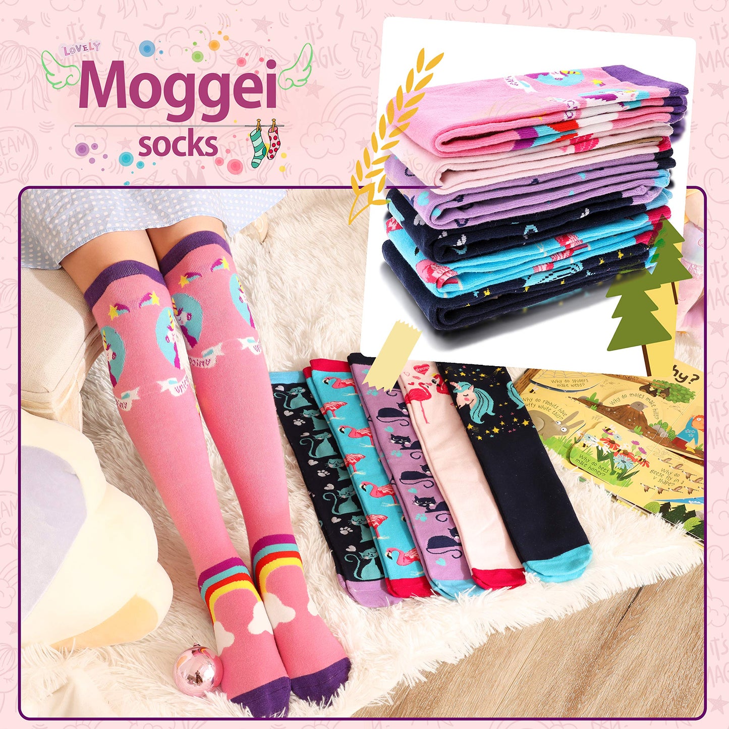 MOGGEI 6 Pairs Kids Girls Knee High Socks