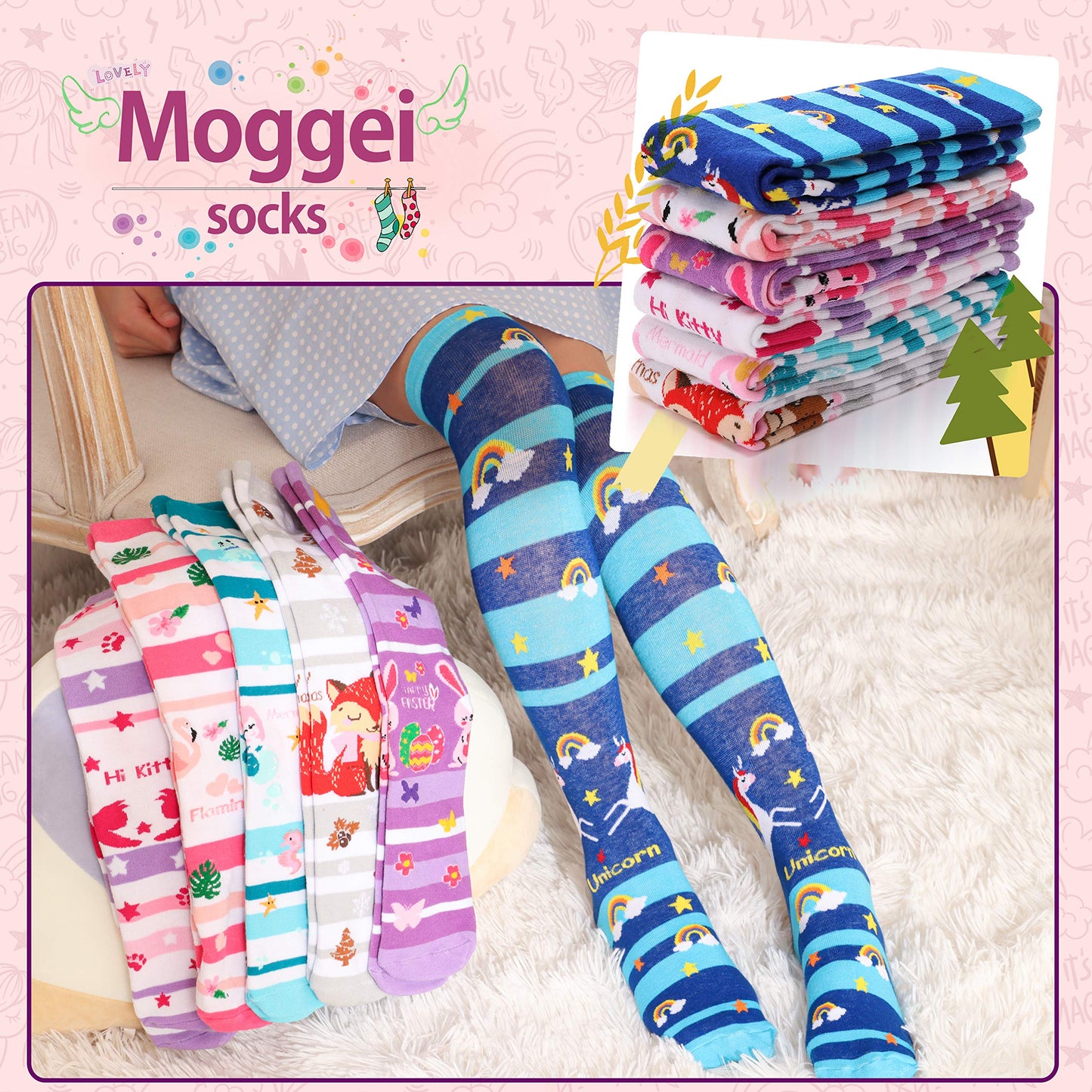 MOGGEI 6 Pairs Kids Girls Knee High Socks