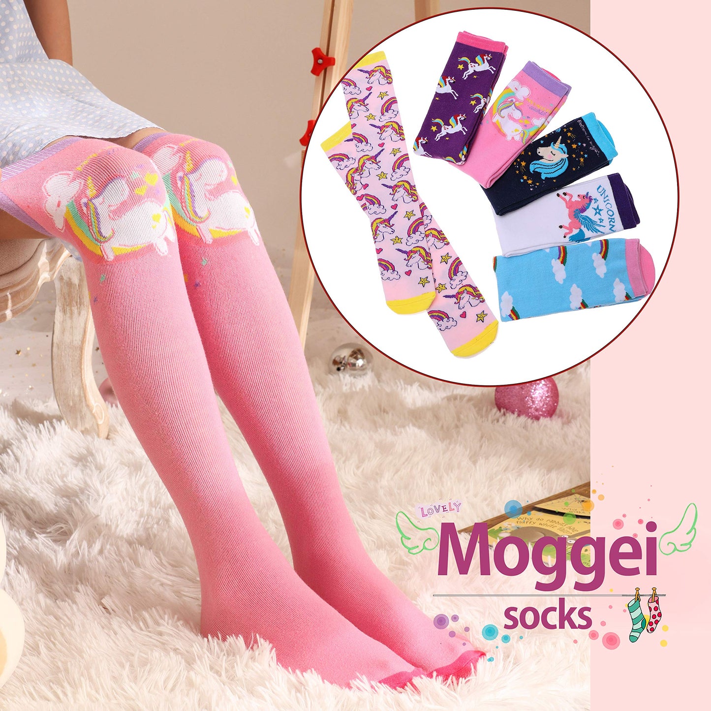 MOGGEI 6 Pairs Kids Girls Knee High Socks