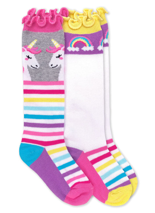 Jefferies Socks Girls' Unicorn Rainbow Stripe Ruffle Knee High Socks 2 Pack