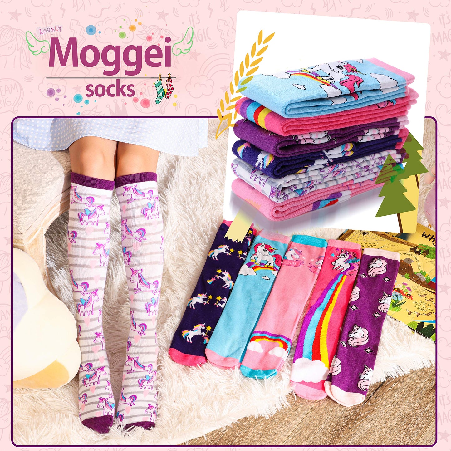 MOGGEI 6 Pairs Kids Girls Knee High Socks