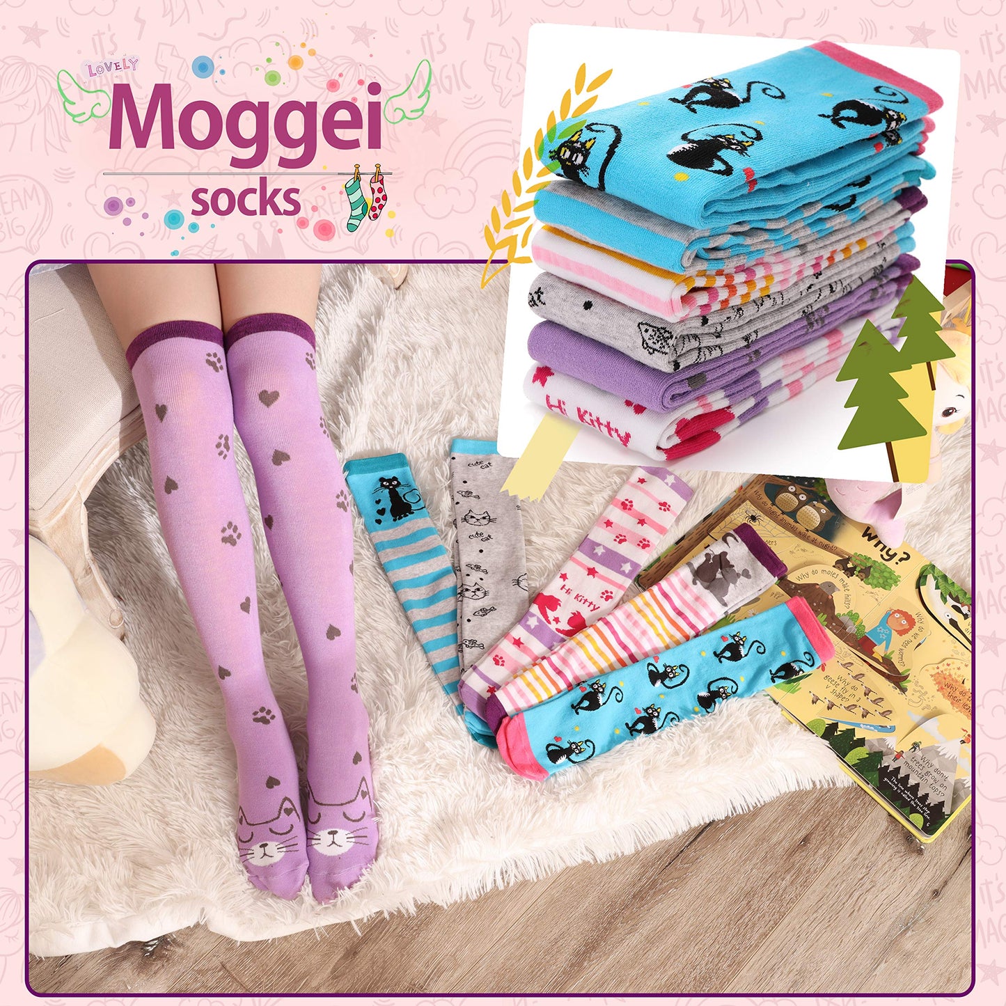 MOGGEI 6 Pairs Kids Girls Knee High Socks